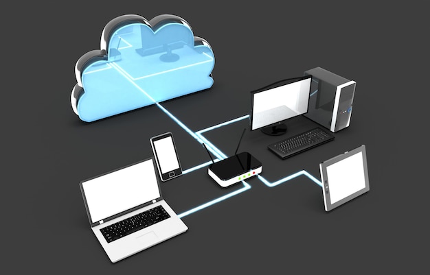 Wi-Fi-Netzwerk von elektronischen Geräten. 3D-Darstellung