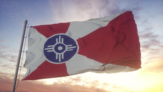 Foto wichita-stadtflagge, kansas, im wind-, himmel- und sonnenhintergrund wellenartig bewegend. 3d-rendering.