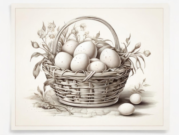 Wicker Korb Blumen Hühner Eier Tisch Ostern