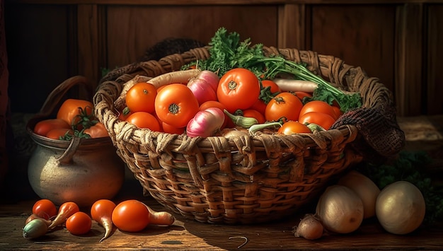 Wickerkorb mit reifen Tomaten, die von der KI erzeugt wurden