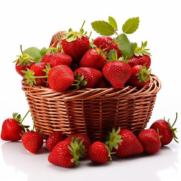 Wickerkurv mit leckeren roten Erdbeeren auf weißem Hintergrund