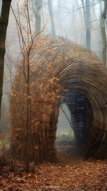 Wickerskulptur, die einem Tunnel in einem nebligen Wald ähnelt