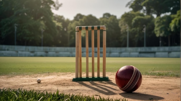 Foto wicket de críquete e bola em um campo de jogo