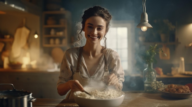 Wie es zu tun angenehme Frau hält Löffel und Schüssel mit Teig, während Kuchen in der Küche kochen