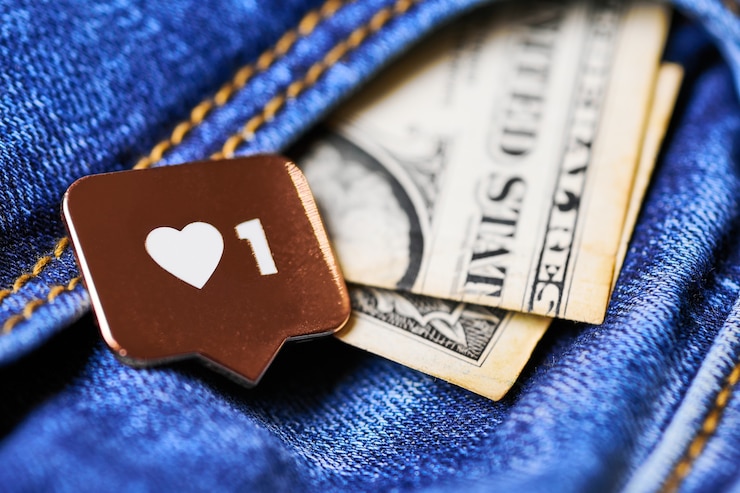 Foto wie herzsymbol und dollar in der jeanstasche. wie zeichenknopf, symbol mit herz und einer ziffer. social-media-network-marketing.