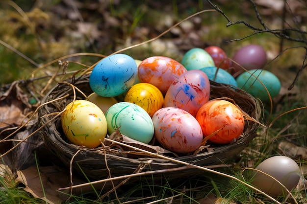 Wie man Ostern feiert: Eine Ausstellung bunter Ostereier auf einem Nest aus Holzstäbchen. erstellt mit generativer KI-Technologie