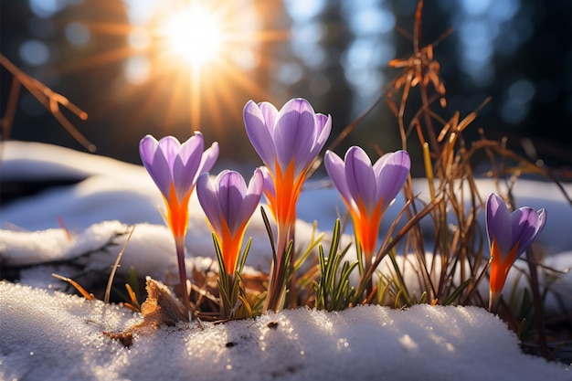 Wiederbelebung der Natur Erste Frühlingskrokuse blühen im schneebedeckten Wald