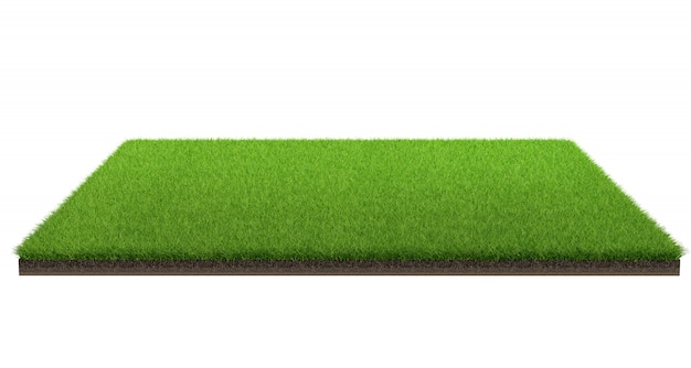 Wiedergabe 3d der grünen Rasenfläche lokalisiert auf einem weißen Hintergrund mit Beschneidungspfad. Sportplatz.