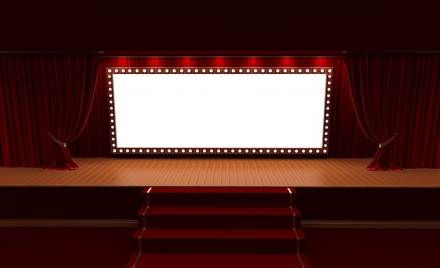 Wiedergabe 3d des Hintergrundes mit einem roten Vorhang und einem Scheinwerfer. Festivalnacht-Showplakat.