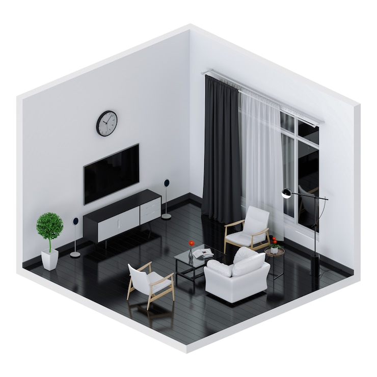 Foto wiedergabe 3d des innenwohnzimmers mit intelligentem fernsehapparat