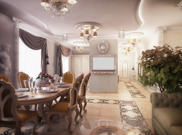 Wiedergabe 3D eines Salon, des Korridors und der Küche in der klassischen Art