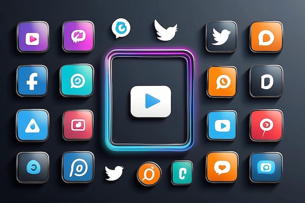 Wiedergabe-Knopf-Ikonen Video mit Social-Network-Foto-Rahmen Marketing-Layout und Web-Symbole Video-Inhaltskanal Bloggen Internet