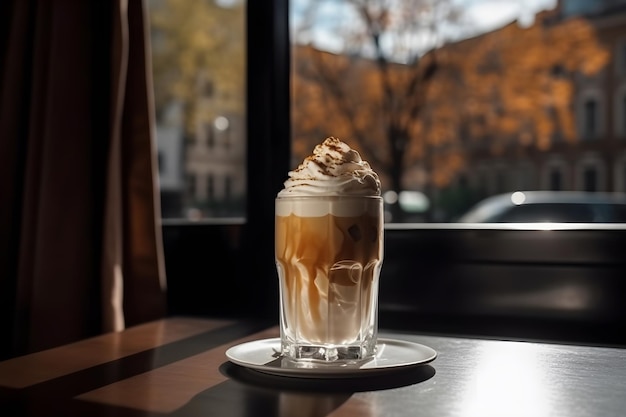 Wiener Kaffee in hohem transparentem Glas auf dem Tisch