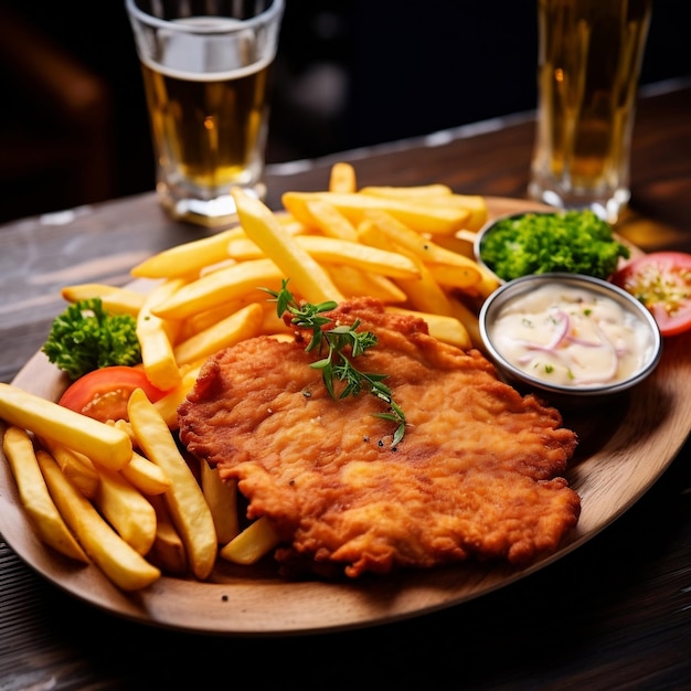 Wiener Schnitzel com batatas fritas para um jantar incrível