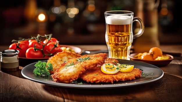 Wiener Schnitzel mit Beilage in einem Restaurant mit traditioneller österreichischer Küche, generiert von KI