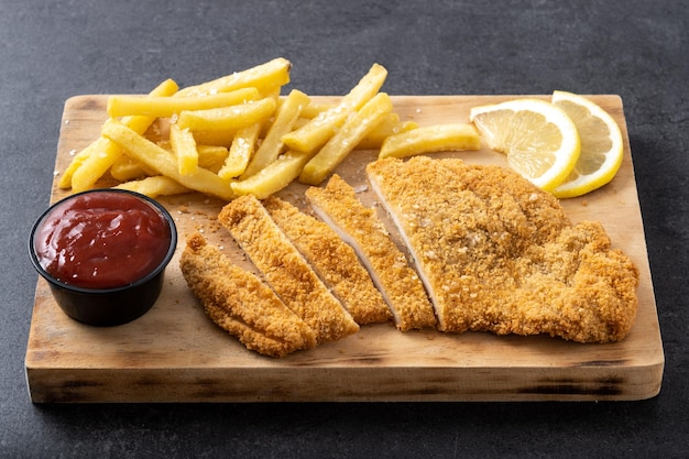 Wiener Schnitzel mit Bratkartoffeln auf schwarzem Hintergrund