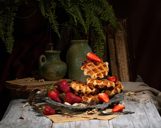 Wiener Waffeln mit Erdbeeren, auf einem hellen Holztisch vor dem Hintergrund alter Bücher und