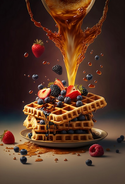 Wiener Waffeln mit Früchten und Beeren und spritzendem Honig auf dunklem Hintergrund