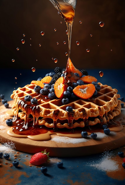 Wiener Waffeln mit Früchten und Beeren und spritzendem Honig auf dunklem Hintergrund