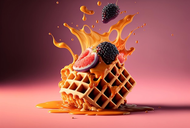 Wiener Waffeln mit Früchten und Beeren und spritzendem Honig auf rosafarbenem Hintergrund