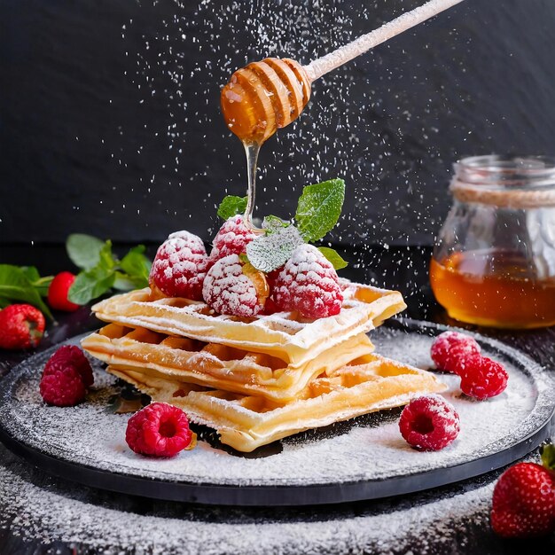 Wiener Waffeln mit Himbeeren Erdbeeren mit Zuckerpulver