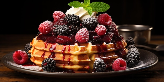 Wiener Waffeln mit Himbeeren und Brombären und Minze aus der Nähe