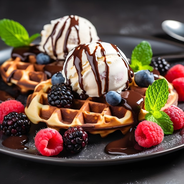 Wiener Waffeln und Softeis mit Beeren hautnah