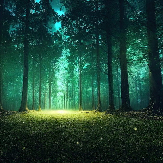 Wiese des grünen Grases im verzauberten Wald am Nachtfeld unter mysteriöser Landschaft w des leuchtenden Mondscheins