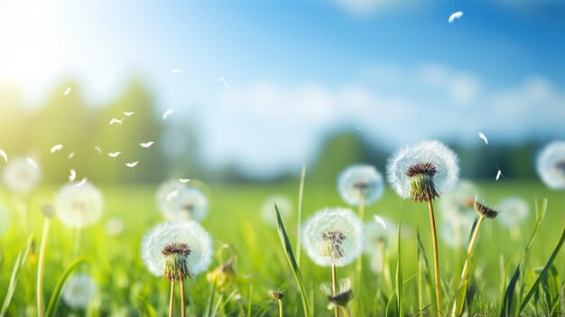 Wiese mit grünen Grasblumen, Löwenzahn und sonnigem Himmel, Frühlings- oder Sommerhintergrund