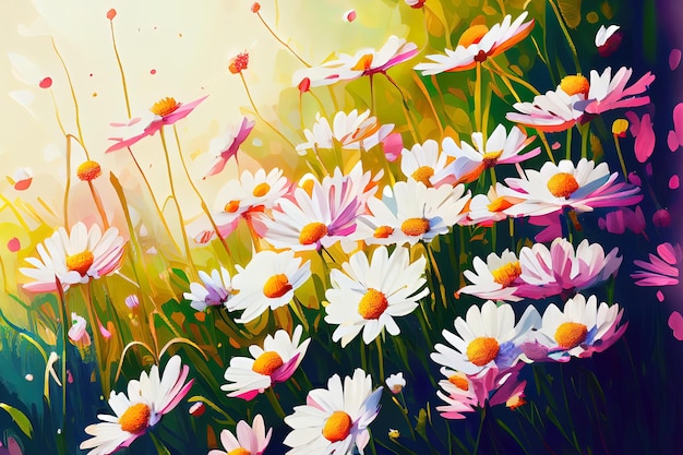 Wiese mit vielen weißen und rosafarbenen Gänseblümchenblumen im sonnigen Tag Generative Ai
