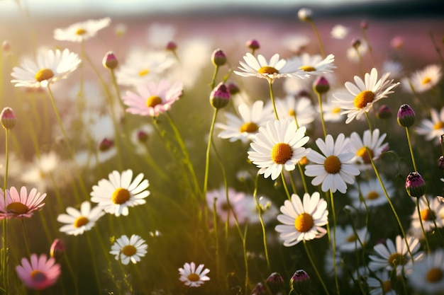 Wiese mit vielen weißen und rosafarbenen Gänseblümchenblumen im sonnigen Tag