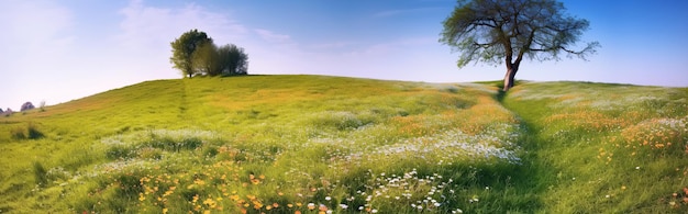 Wiesenfeld mit Blumen und Bäumen an einem sonnigen Sommertag Generative KI-Illustration