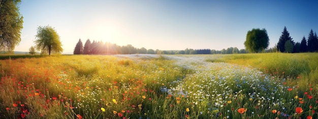 Wiesenfeld mit Blumen und Bäumen an einem sonnigen Sommertag Generative KI-Illustration