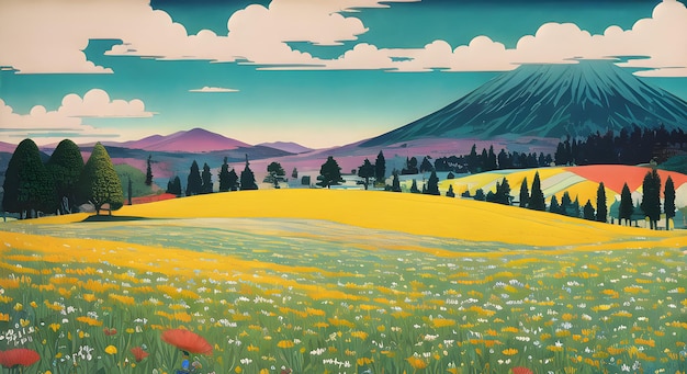Wiesenfeld mit Wildblumen blauer Himmel und Sonnenlicht im Sommer Naturlandschaft Tapete AI Generiert für Kinderbücher Geschichten Märchen