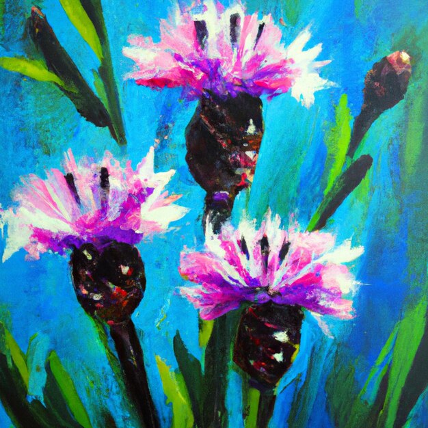 Wiesenkornblume Centaurea jacea ist eine Feldunkrautpflanze eine Art der Gattung Kornblume der Familie Asteraceae oder Compositae Wächst auf Wiesen Violette elegante Blumen sind mit Ölfarbe gemalt