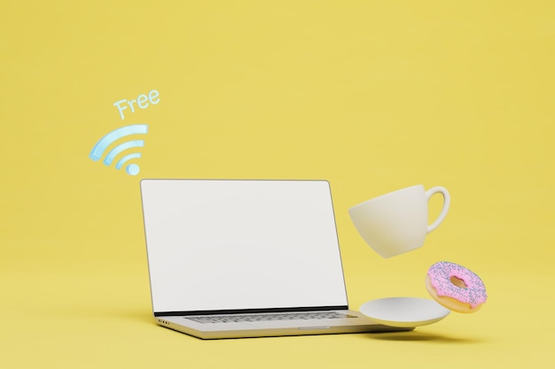 WiFi gratis en la computadora portátil del café Icono de WiFi gratis taza de café y donut sobre un fondo amarillo 3D render