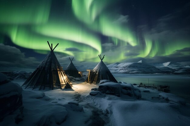 Foto wikingerhäuser in einer wikingerlandschaft nordlichter im dunkeln