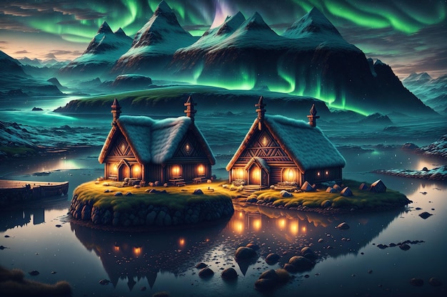 Wikingerhäuser in einer Wikingerlandschaft Nordlichter im Dunkeln