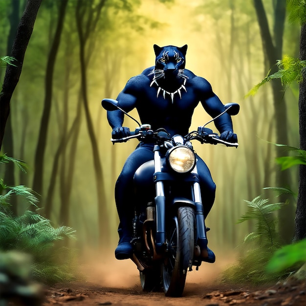 Wild Adventure Ride Mighty Black Panther perambulando pela floresta em uma motocicleta