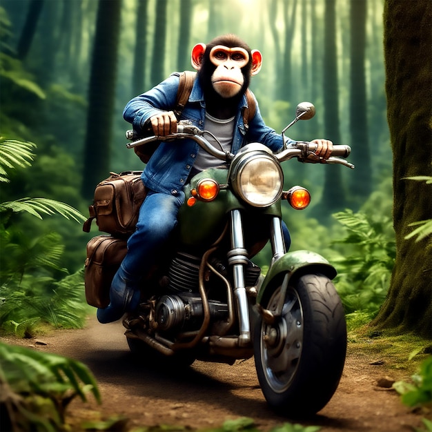 Wild Adventure Ride Mighty Monkey perambulando pela floresta em uma motocicleta