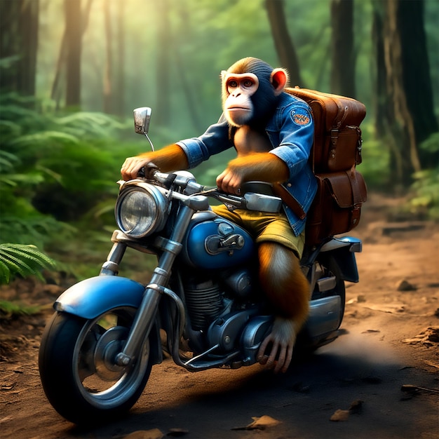 Wild Adventure Ride Mighty Monkey vagando por el bosque en una motocicleta