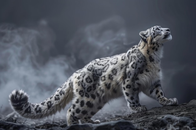 Wild Grace Fotografía profesional capturando un leopardo de nieve en movimiento mirando hacia arriba mientras corre