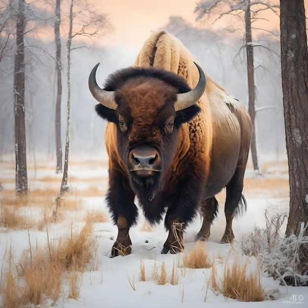 Wild Winter Aurochs Majestic Bison em habitat natural