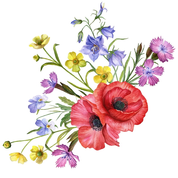 Wildblumen-Aquarell-Komposition, floraler Illustrationsstrauß mit Mohn, Stiefmütterchen, Glockenblumen