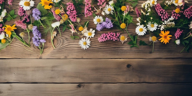 Wildblumen auf rustikalem Holz, sanfte, flache Lage mit einladendem Raum