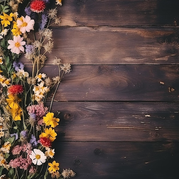 Wildblumen auf rustikalem Holz, sanfte, flache Lage mit einladendem Raum