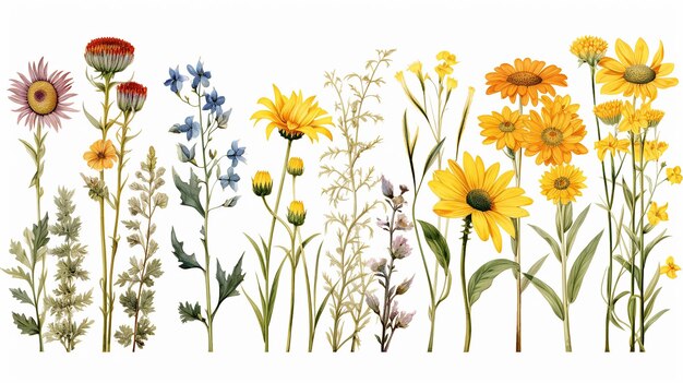 Wildblumen-Illustration auf weißem, isoliertem Hintergrund