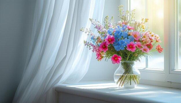 Wildblumen in einer Vase auf einer weißen Fensterbank mit Vorhängen und Sonnenlicht durch das Fenster im Frühling