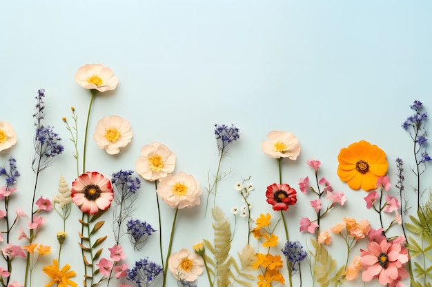 Wildblumen-Musterrand auf pastellfarbenem Hintergrund, flache Lage mit Kopierraum