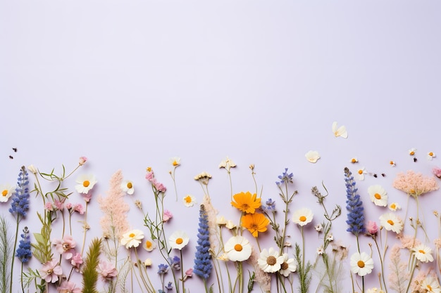 Wildblumen-Musterrand auf pastellfarbenem Hintergrund, flache Lage mit Kopierraum